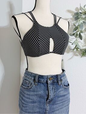 O'Neill Black and White Striped Halter Bralette Bikini Top